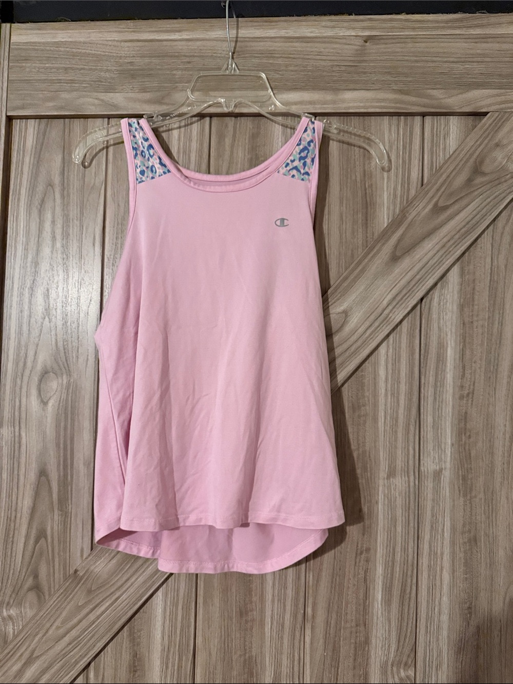 Champion Pink Tank Top with Leopard-Print Shoulder Accents